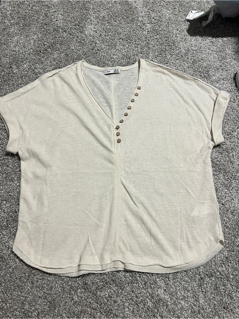 Dex Cream Short-Sleeve V-Neck Tee with Button Placket